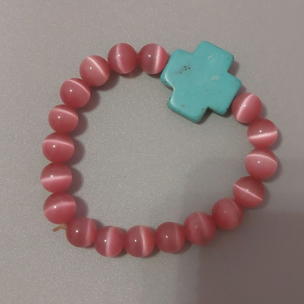 Pink Cats Eye Glass Beads with Howlite Turquoise Cross Stretch Bracelet